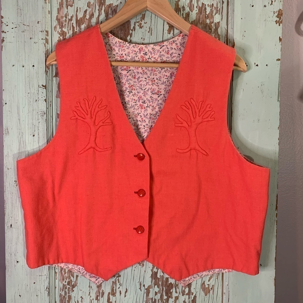 Women’s handmade coral button up vest with tree embroidery